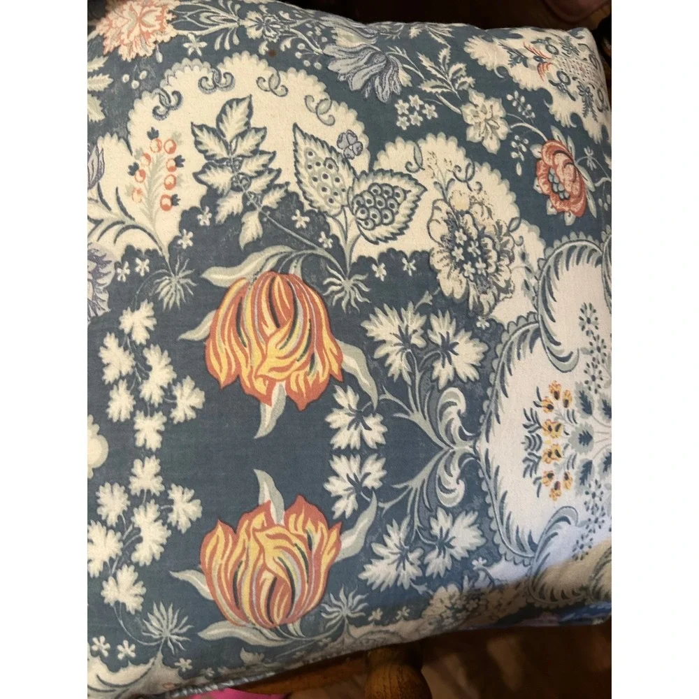 Pottery Barn Embroidered Bird Floral Throw Pillow 20x20 Blue Cream Cotton Decor